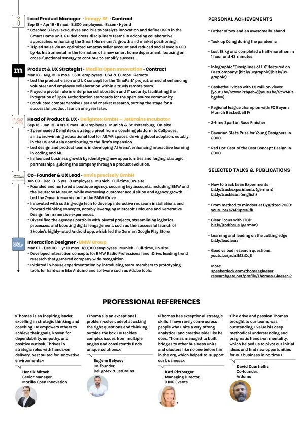 Image displaying various professional profiles, achievements, and references, including roles in product management, engineering, and leadership with logos, project descriptions, and contact information.