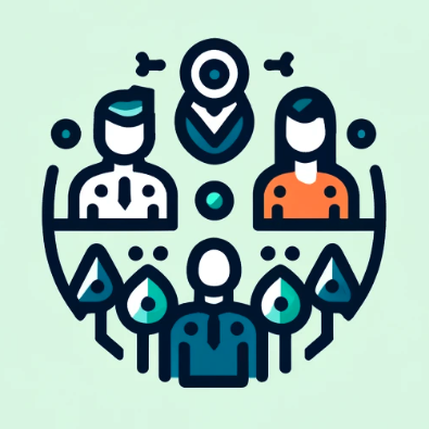 Illustration of three people with a drone at the top and idea icons at the bottom, representing teamwork and collaboration.