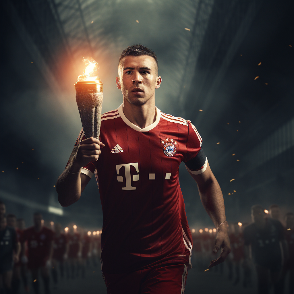 A male soccer player in a red Bayern Munich uniform holding a flaming torch in a stadium with other players in the background.