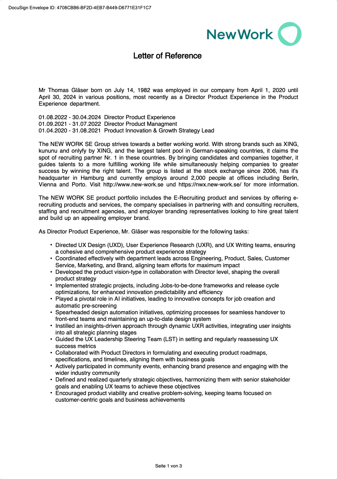 Letter of reference from NewWork for Thomas Gläser, detailing employment history, roles, achievements, and company information, with the NewWork logo at the top.