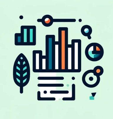 Abstract digital data and analytics illustration with bar charts, pie chart, magnifying glasses, and a leaf icon.
