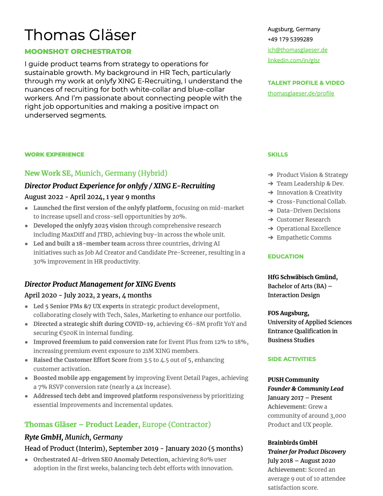 A resume for Thomas Gläser with sections for work experience, skills, education, and side activities, including contact information and professional achievements.