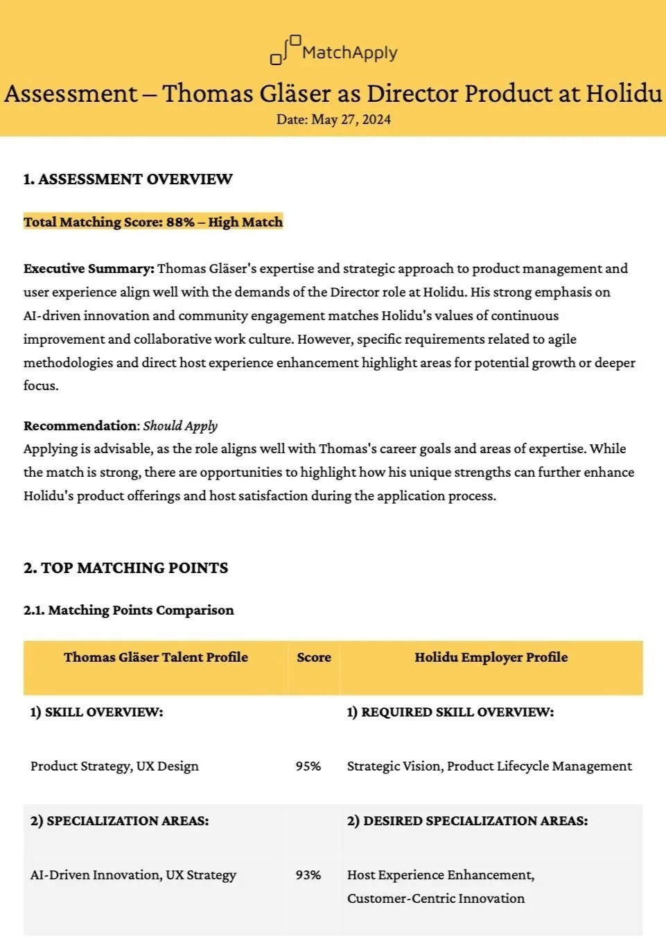 Assessment document reviewing Thomas Gläser as Director of Product at Holidu, dated May 27, 2024, with match score of 88%. The document includes an executive summary, recommendations, and a comparison of key matching points between Thomas Gläser's profile and Holidu's requirements, highlighting skills and specialization areas.