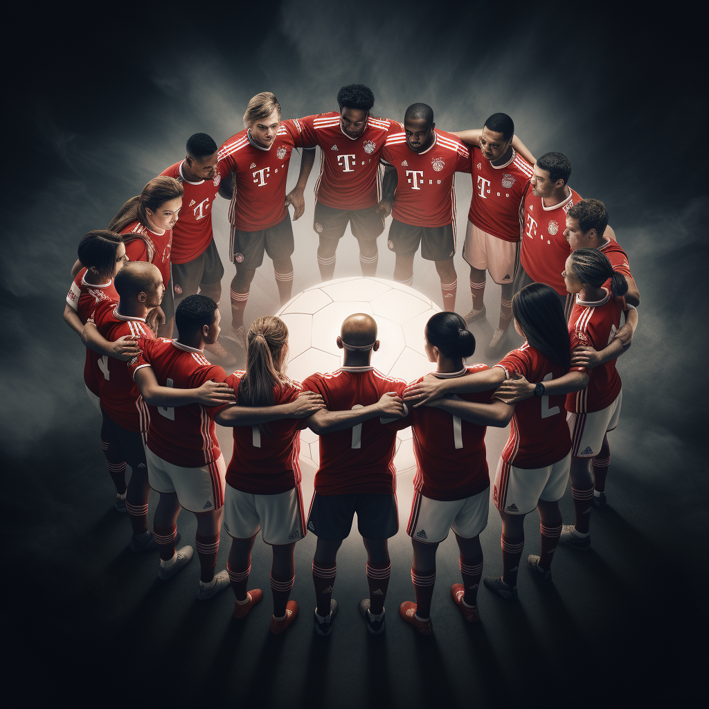 A group of soccer players in red jerseys standing in a circle with their arms around each other, gathered around a glowing soccer ball.