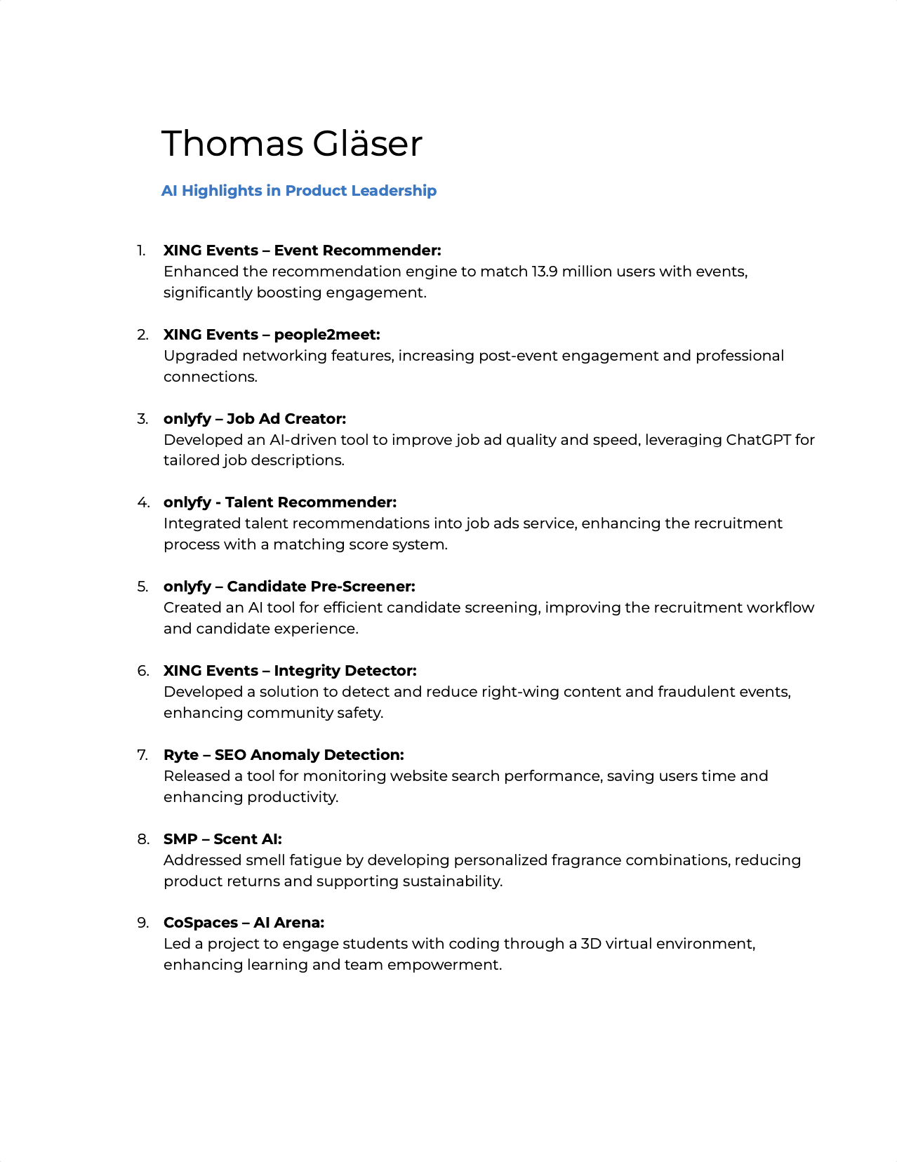 Screenshot of a resume highlighting the achievements of Thomas Gläser in product leadership, including AI and networking tools, AI-driven job ad creation, talent recommendation, candidate screening, content safety, website monitoring, scent AI, and virtual coding environments.