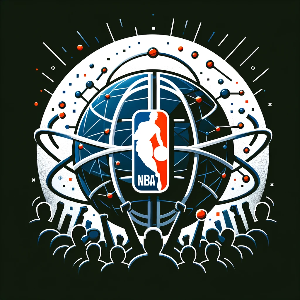 Illustration of the NBA logo over a futuristic globe with orbiting rings, surrounded by silhouettes of basketball fans and small planets or atoms, against a dark background.
