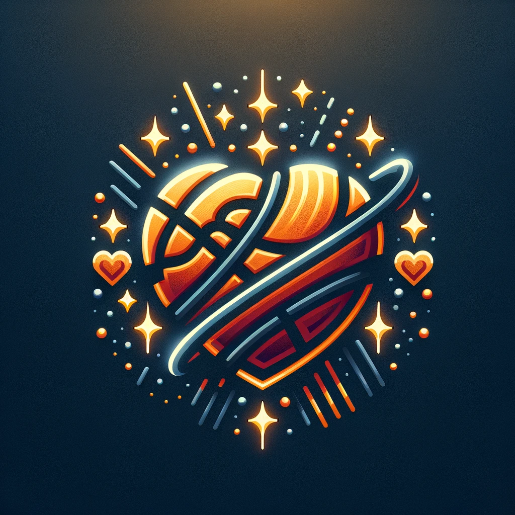 Bright neon illustration of a planet with rings, surrounded by stars, sparkles, and hearts, on a dark background.