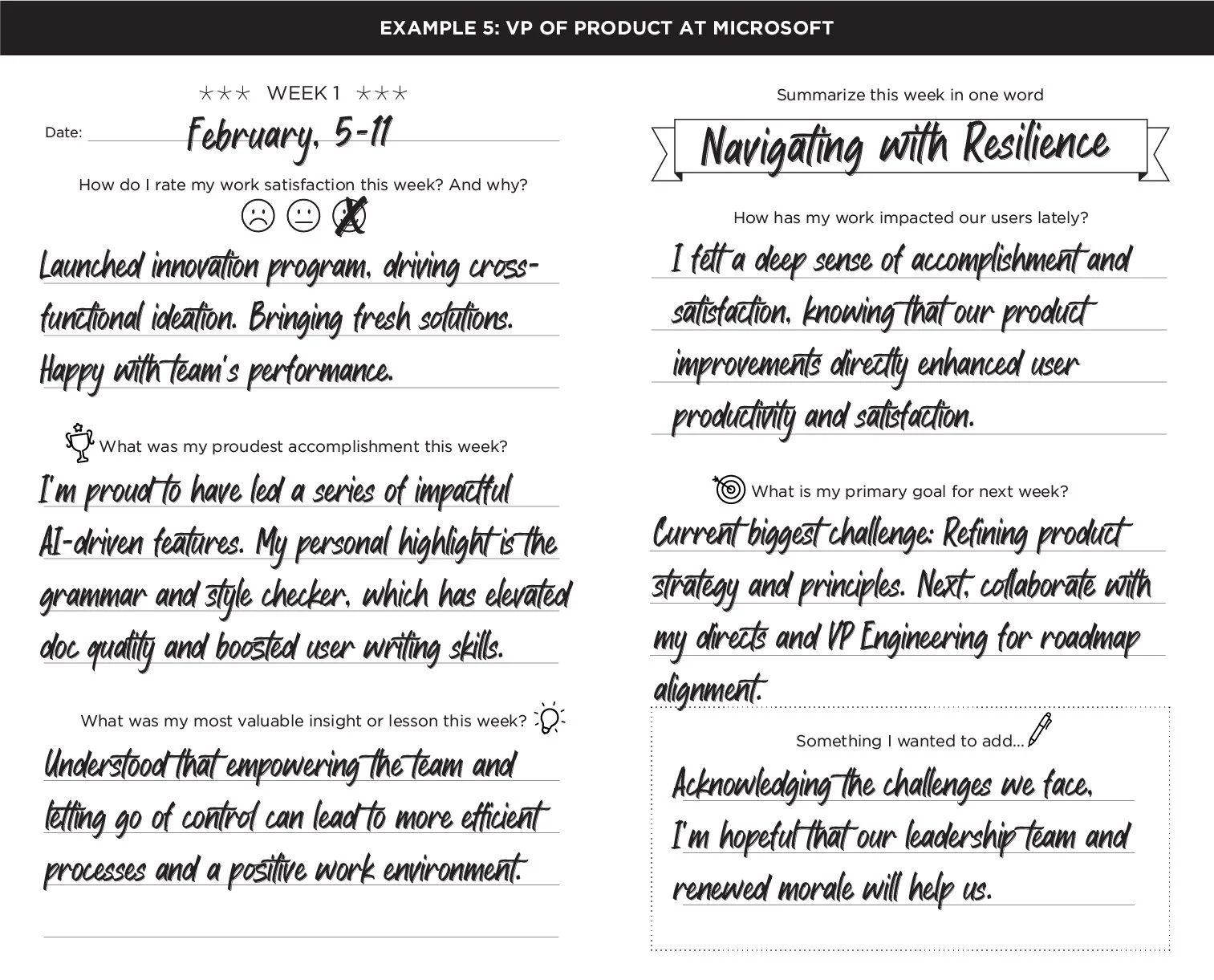 A handwritten weekly review sheet summarizing an employee's accomplishments, goals, and reflections, titled 'Navigating with Resilience' for the week of February 5th to 11th.