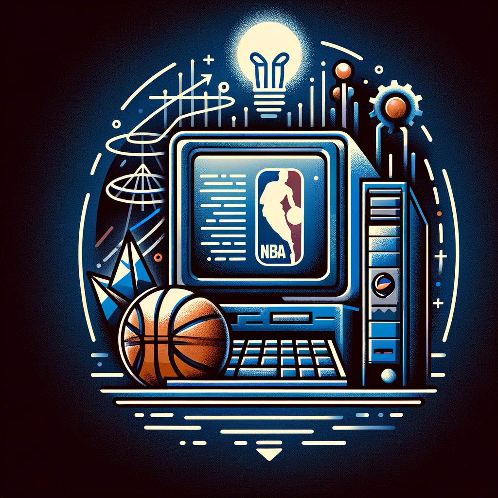 Digital illustration of a desktop computer with NBA logo on the screen, a basketball, a lightbulb, gears, and abstract tech and science elements surrounding it.