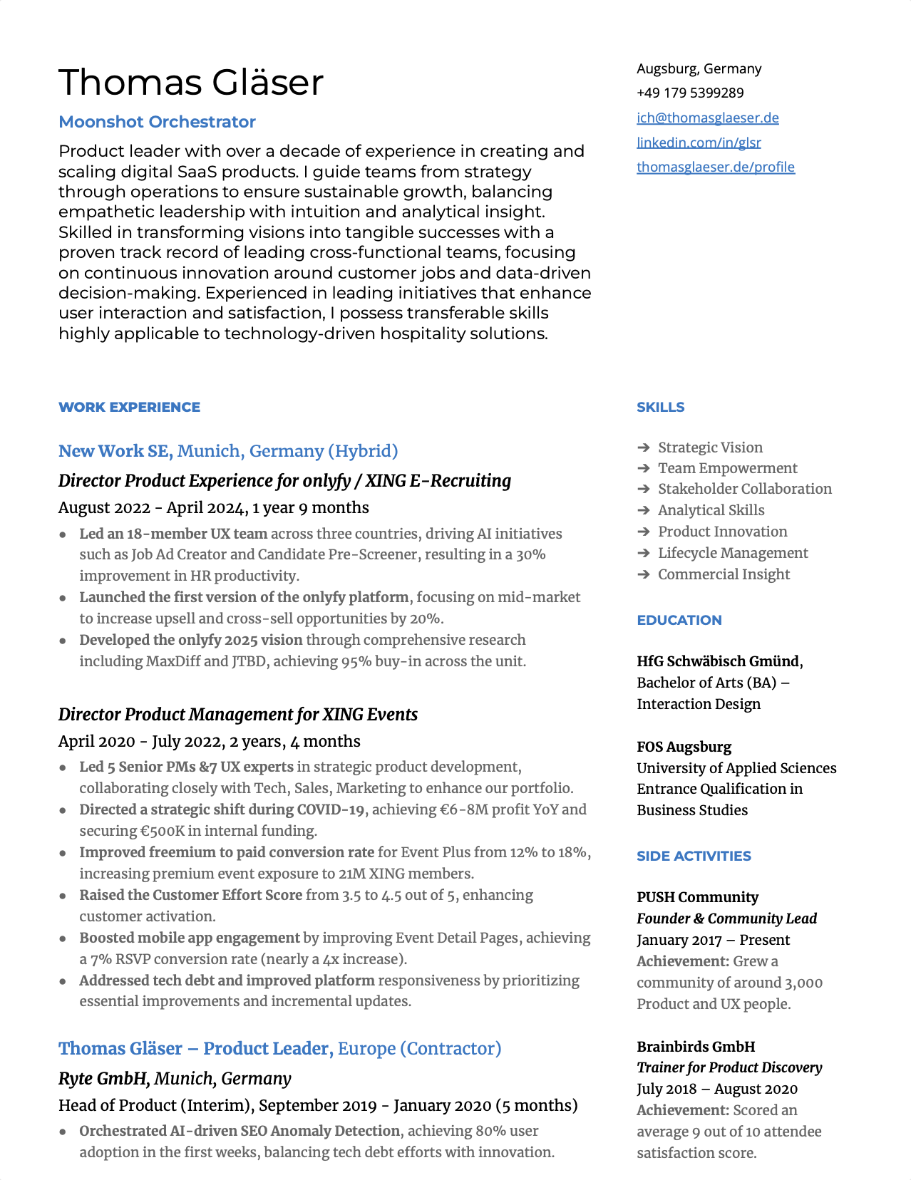 A professional resume of Thomas Gläser featuring his contact info, a summary, work experience, education, skills, side activities, and certifications from Germany, with a focus on SaaS and product management.