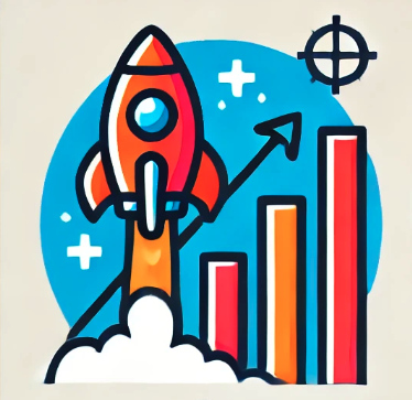 Illustration of a rocket launching with a bar chart showing growth and a target symbol in the background.