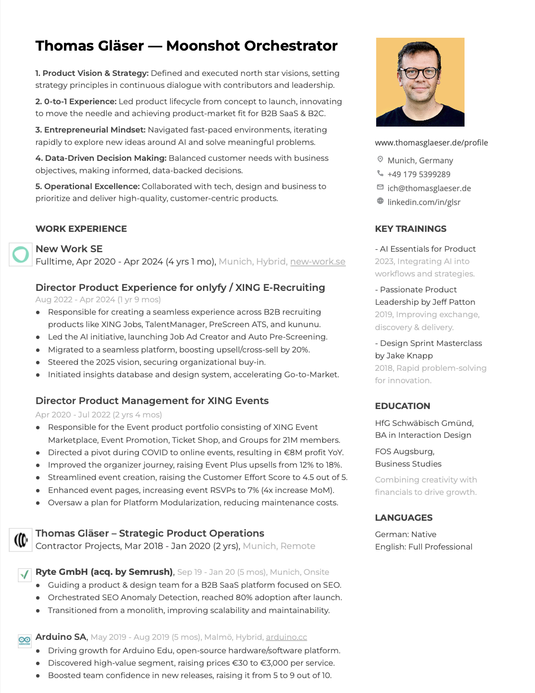 A professional resume for Thomas Gläser, featuring his photo, contact information, key skills, work experience, education, training, and language skills.