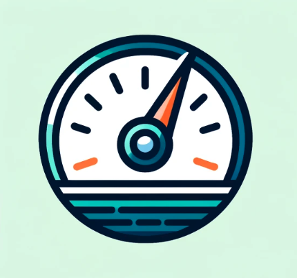 Stylized speed gauge or meter with needle pointing to high speed, on a light green background.