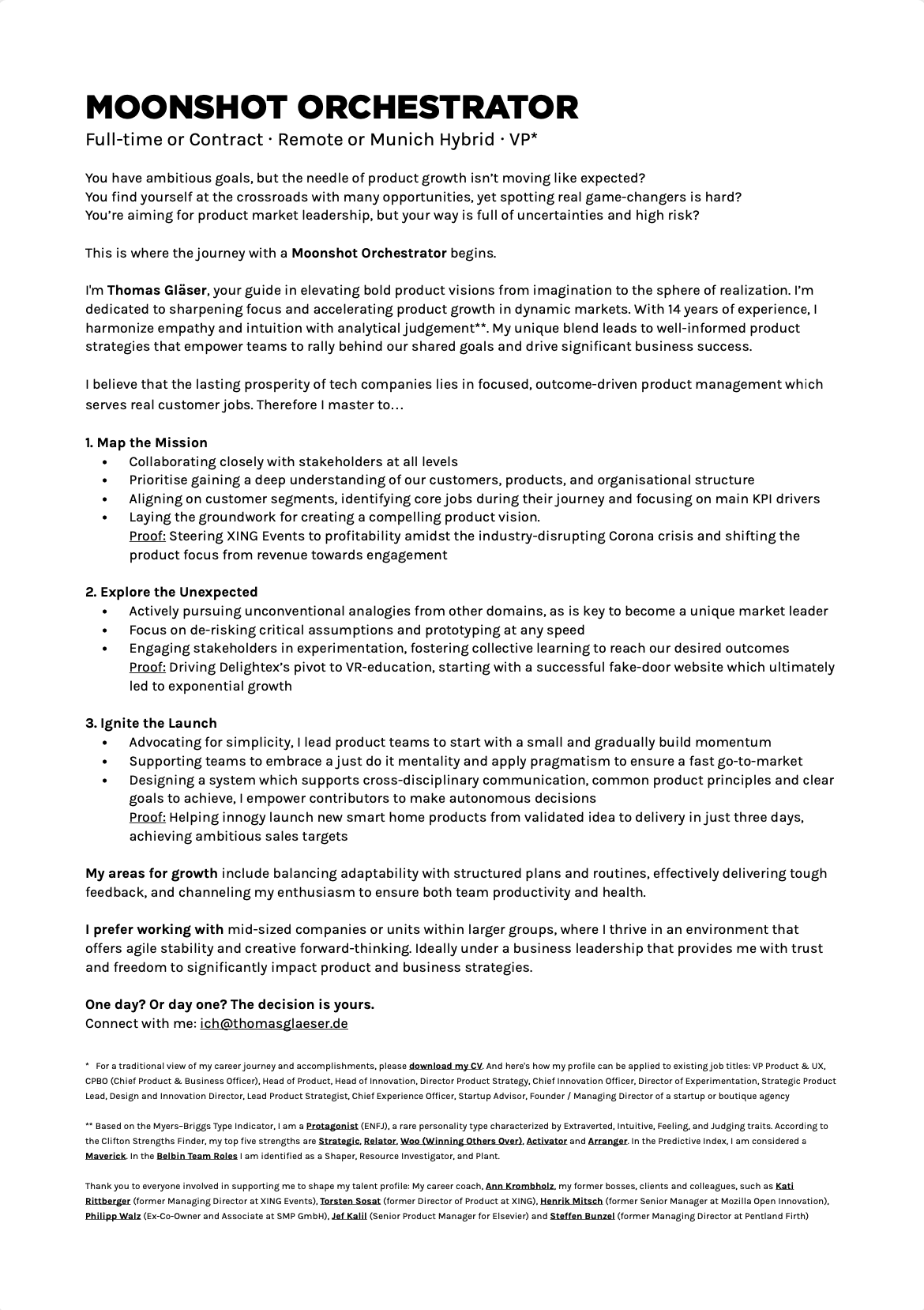 A PDF resume or professional profile for Thomas Gläser with sections on mission mapping, exploring the unexpected, launching, growth areas, and contact information, including proof references and personal accomplishments.