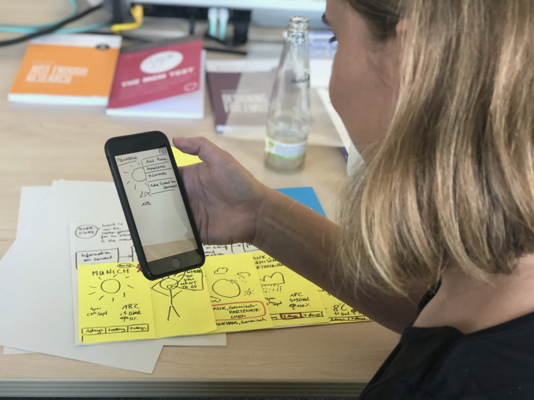 A person holding a smartphone over a desk with handwritten notes and printed papers. The notes include a yellow sticky note with a sun icon and the word "MUNICH." Several books and a water bottle are visible in the background.