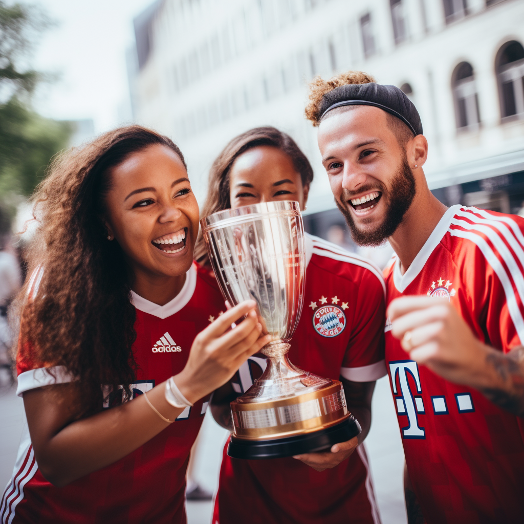 Three soccer fans wearing Bayern Munich jerseys celebrating with a trophy in an urban outdoor setting.