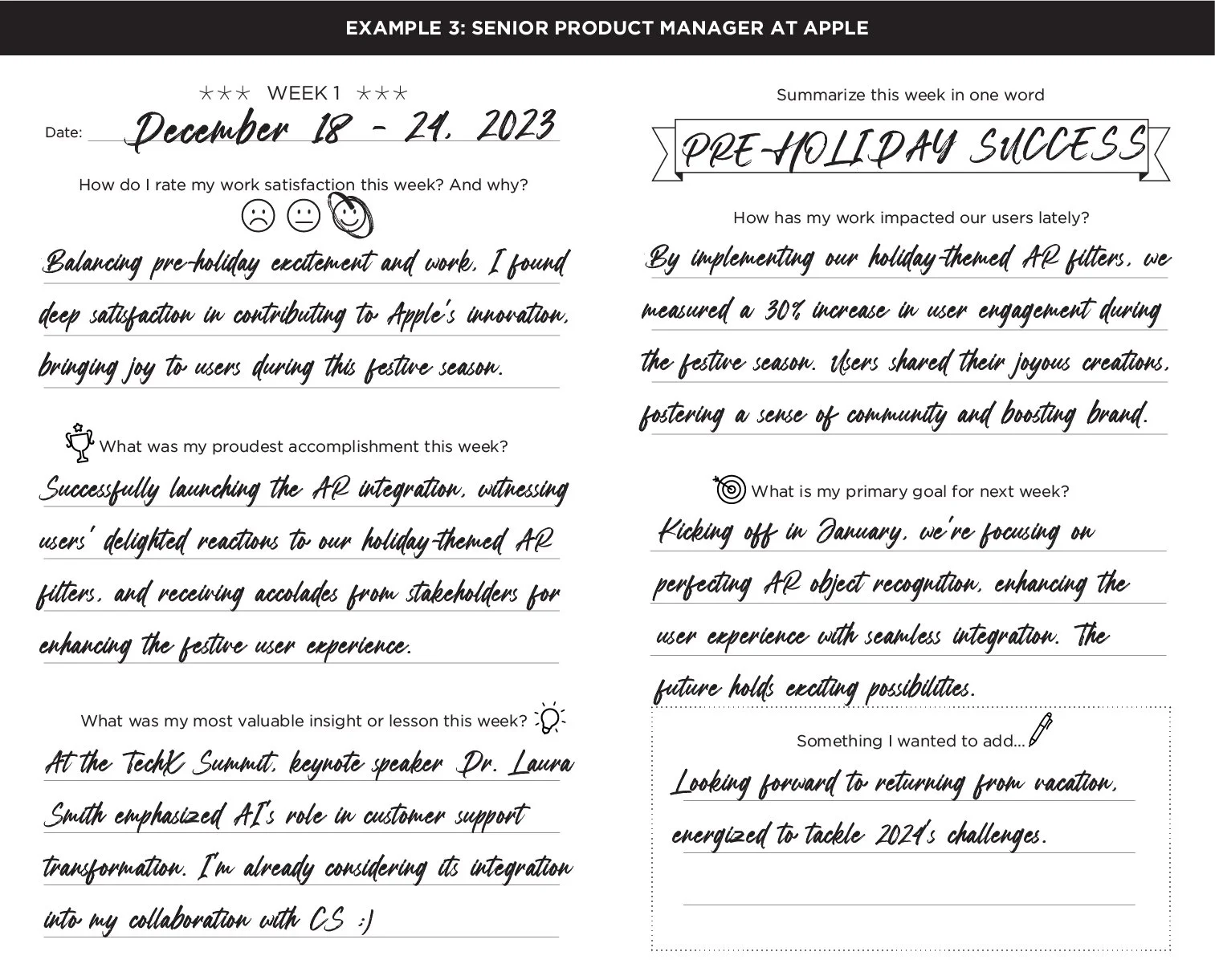 A weekly reflection sheet titled 'EXAMPLE 3: SENIOR PRODUCT MANAGER AT APPLE' with handwritten responses for the week of December 18-24, 2023, including sections on work satisfaction, accomplishments, lessons learned, goals, and additional notes.