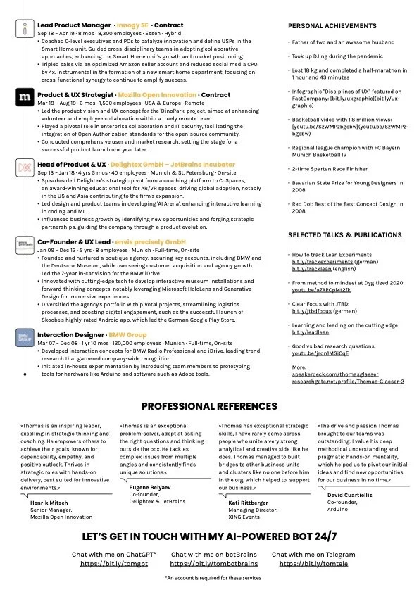Resume or CV document with sections on professional achievements, key projects, selected talks, and professional references, including work experience, awards, and contact details.