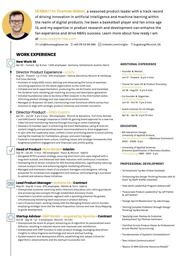 A professional biography and resume for Thomas Gläser, a seasoned product leader. The image includes a photo of Thomas Gläser with a brief summary of his expertise, experience, education, and professional development. The details cover his work at New Work SE, his roles in product experience, and his education in interaction design and business studies.