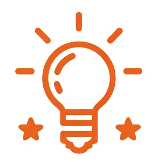 Simple orange line drawing of a light bulb with rays and two stars.